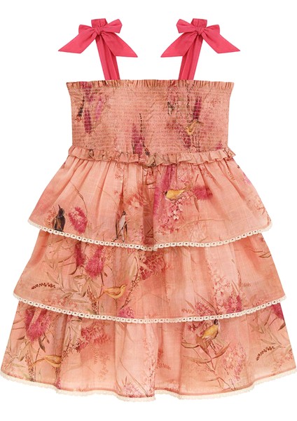Cascadian Pembe Fırfırlı Katlı Kız Çocuk Elbise