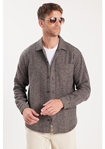 Erkek Relax Fit Rahat Kesim Oduncu Tek Cepli Kapaklı Armürlü Vizon Apaş Yaka Kışlık Gömlek