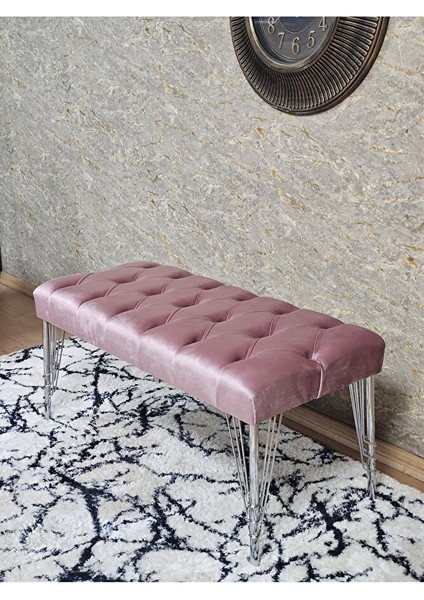 Krom Tel Ayaklı 90 cm Puf Bench - Puf - Bench - Kasalı Oturak - Oturak - Yatak Ucu Puf Pembe Renk 90 x 40 Boyut/ebat fırsatları