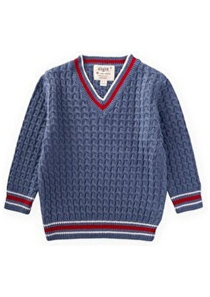 Saç Örgü V Yaka Kazak 2-9 Yaş Indigo Mavi