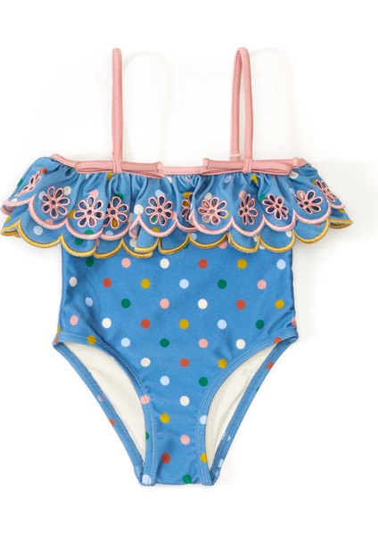 Mavi Puantiye Desenli Kız Çocuk Mayo