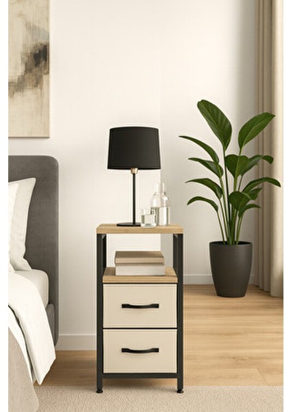 2 Raflı Komodin Deri Çekmeceli Düzenleyici Yatak Odası Organizer Metal Komodin