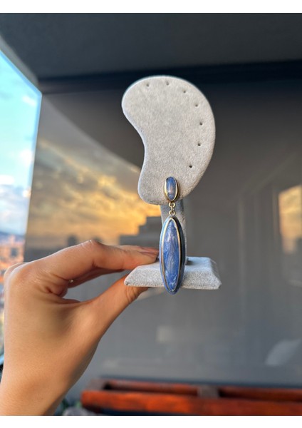 Gold Detaylı Oval Küpe- Mavi