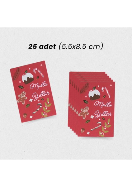 Yılbaşı Mutlu Yıllar Yazılı Hediye Kart Seti, Yeniyıl Paketleme Kartı, 25 Adet-5,5x8.5 Cm, Kırmızı