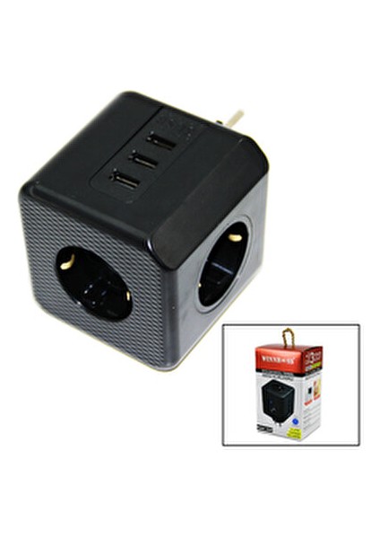 Termal Akım Korumalı 3x Priz 3x USB Duvar Tipi Priz Siyah 10A - 2500W (5263)