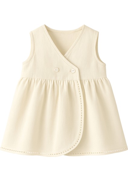 Soft Linen Krem Rengi Keten Elbise ve Külot Kız Çocuk 2'li Set