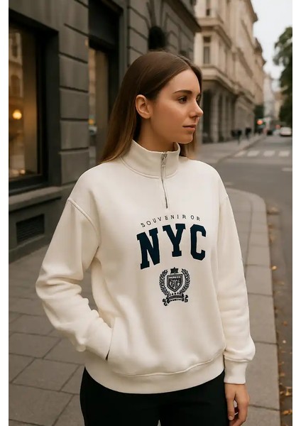 Önü Fermuarlı Nyc Baskılı Sweat