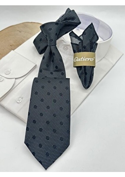 Siyah Puantiyeli Mendilli Klasik Kravat