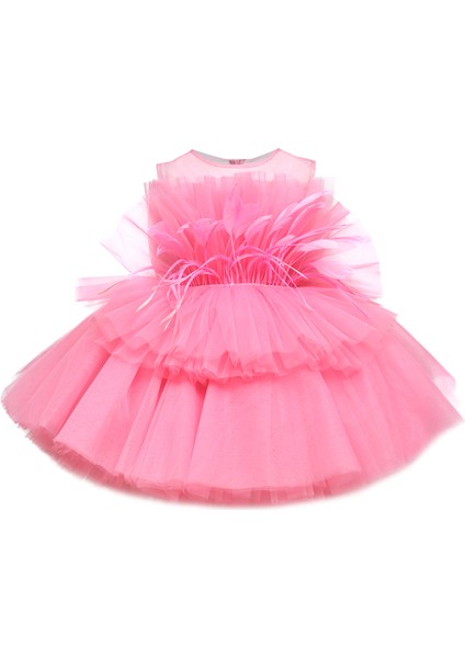 Pembe Sıfır Kol Tül Detaylı Barbie Kız Çocuk Elbise