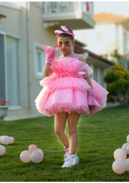 Pembe Sıfır Kol Tül Detaylı Barbie Kız Çocuk Elbise modelleri