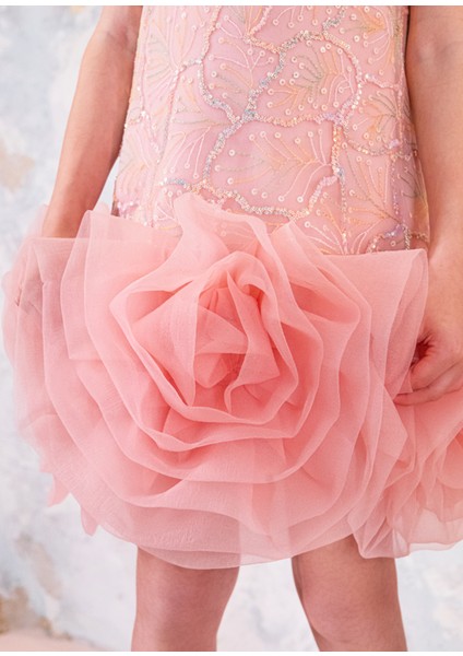 Rose Pudra Pembe Payetli Çiçekli Kız Çocuk Elbise modelleri