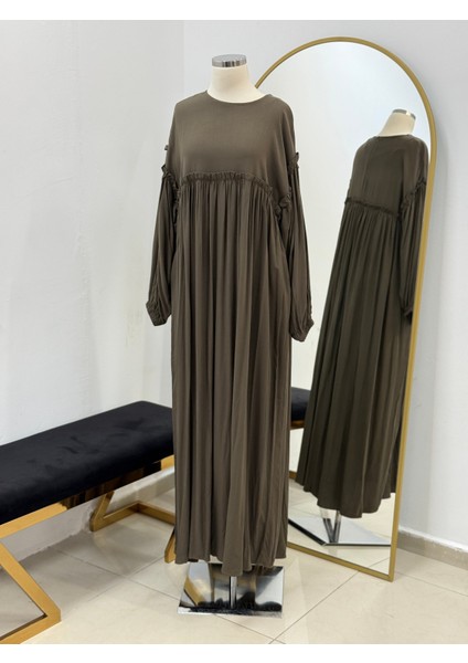 Haki Robalı Büzgülü Oversize Elbise 5093