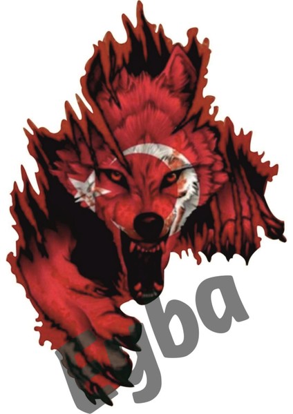 Türk Bayrağı Sol Yön Kurt Bozkurt Boz Kurt Sticker 26X18 cm 00244 Renkli Baskı