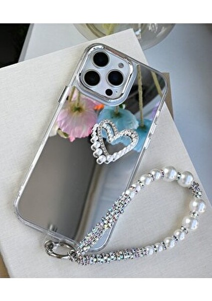 Iphone 14 Promax ve 15 Promax Uyumlu Aynalı Charmlı Kalp Tasarımlı Kenarları Silikon Kılıf