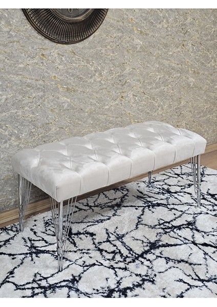 Krom Tel Ayaklı 90 cm Puf Bench - Puf - Bench - Kasalı Oturak - Oturak - Yatak Ucu Puf Krem Renk 90 x 40 Boyut/ebat