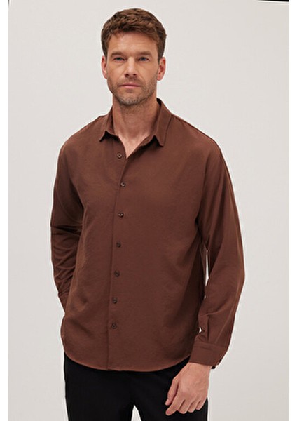 Oversize Mevsimlik Keten Dokulu Bol Kalıp Uzun Kollu Rahat Kullanım Erkek Kahverengi Gömlek