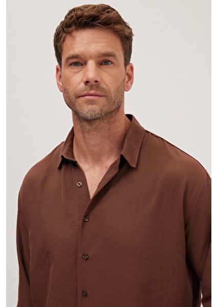 Oversize Mevsimlik Keten Dokulu Bol Kalıp Uzun Kollu Rahat Kullanım Erkek Kahverengi Gömlek fiyatları