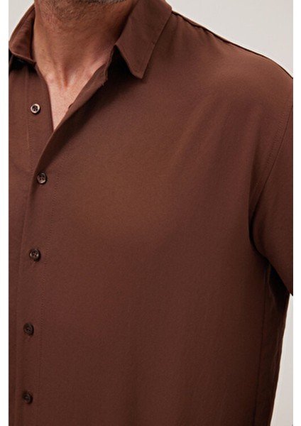 Oversize Mevsimlik Keten Dokulu Bol Kalıp Uzun Kollu Rahat Kullanım Erkek Kahverengi Gömlek modelleri