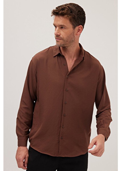 Oversize Mevsimlik Keten Dokulu Bol Kalıp Uzun Kollu Rahat Kullanım Erkek Kahverengi Gömlek fırsatları