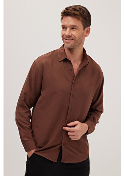 Oversize Mevsimlik Keten Dokulu Bol Kalıp Uzun Kollu Rahat Kullanım Erkek Kahverengi Gömlek indirimleri