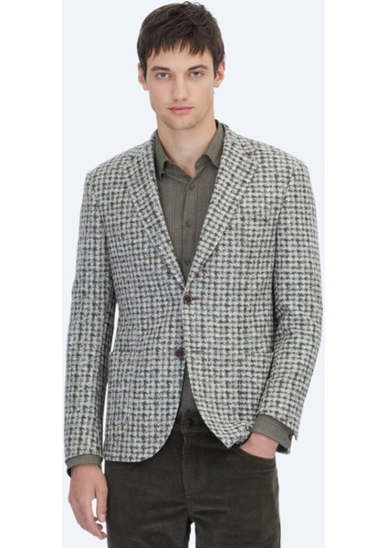 Haki Desenli Modern Fit Yün Karışımlı Örme Ceket