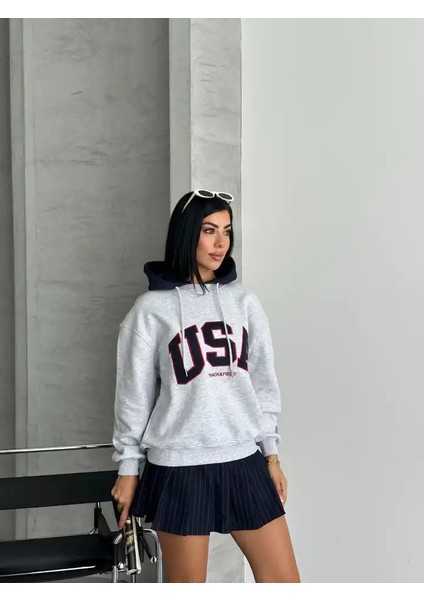 Usa Yazılı Uzun Kolu Kapşonlu Sweat