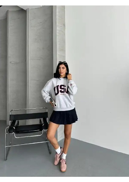 Usa Yazılı Uzun Kolu Kapşonlu Sweat