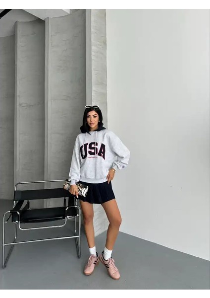 Usa Yazılı Uzun Kolu Kapşonlu Sweat
