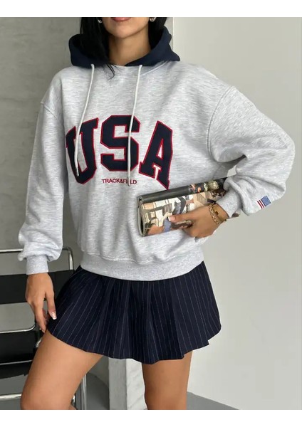 Usa Yazılı Uzun Kolu Kapşonlu Sweat