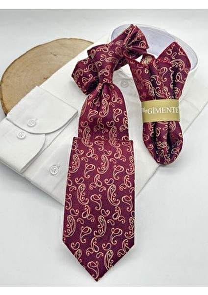 Bordo Şal Desenli Mendilli Klasik Kravat