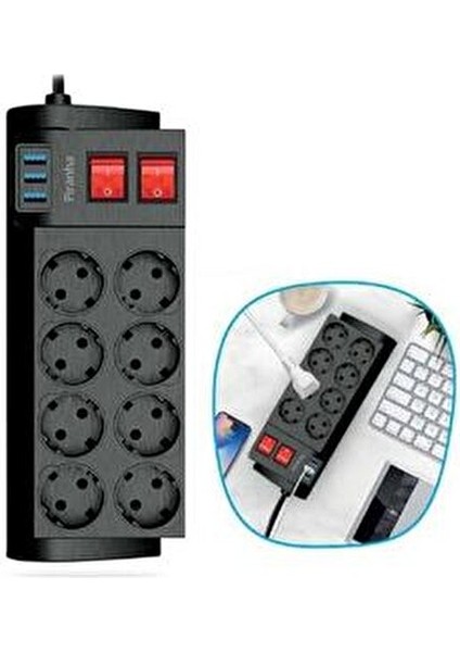 Isıya Dayanıklı Termal Akım Korumalı 2 Metre 16A 4000W 8li Priz ve 3 USB Li Uzatma Kablosu (5263) modelleri