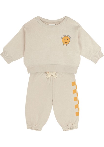 Smiley Krem Sweatshirt Pantolon Unisex Bebek Ikili Set