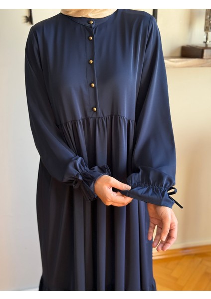 Lacivert Yarım Patlı 3 Katlı Tesettür Elbise 5078 modelleri