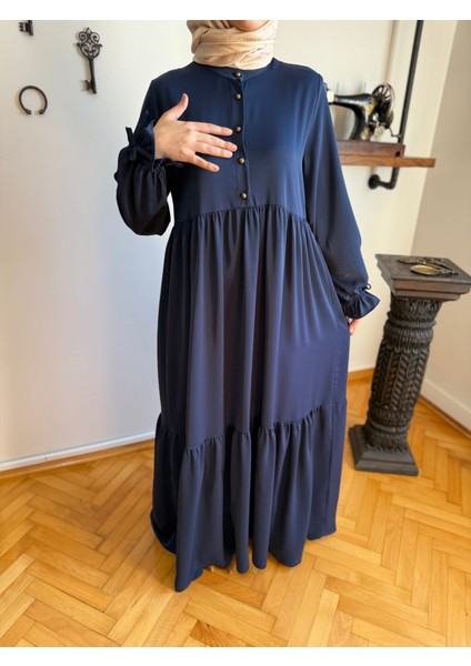 Lacivert Yarım Patlı 3 Katlı Tesettür Elbise 5078 fırsatları