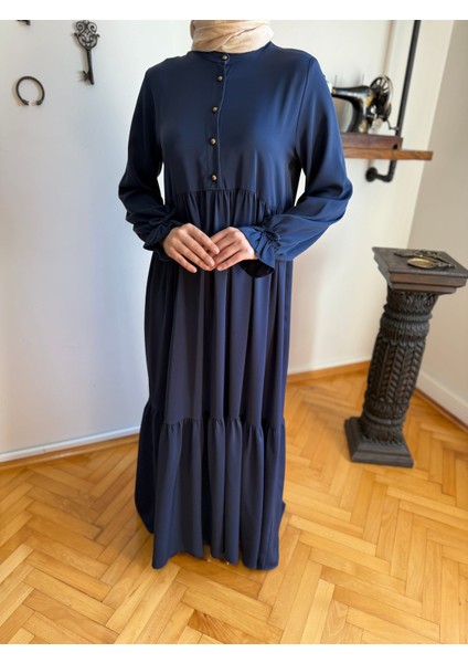 Lacivert Yarım Patlı 3 Katlı Tesettür Elbise 5078 indirimleri