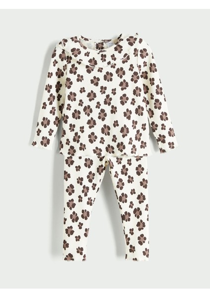 Yeni Sezon Bisiklet Yaka Çiçekli Kız Bebek Tişört ve Tayt 2'li Takım