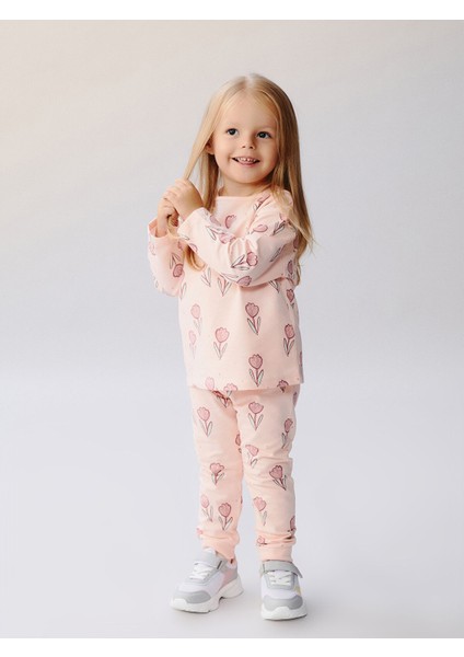 Yeni Sezon Bisiklet Yaka Baskılı Kız Bebek Pijama Takımı