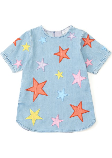 Mavi Yıldız Nakışlı Kız Çocuk Elbise