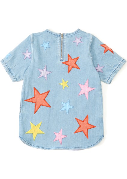 Mavi Yıldız Nakışlı Kız Çocuk Elbise fiyatları