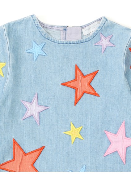 Mavi Yıldız Nakışlı Kız Çocuk Elbise modelleri
