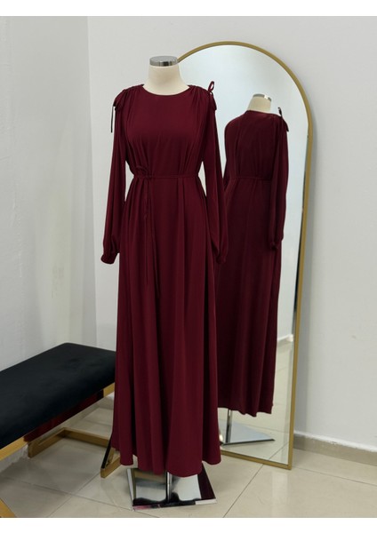 Bordo Omzu Tünel Detaylı Elbise 5063