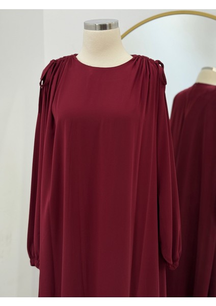Bordo Omzu Tünel Detaylı Elbise 5063 modelleri