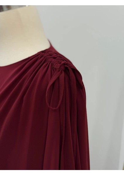Bordo Omzu Tünel Detaylı Elbise 5063 fırsatları