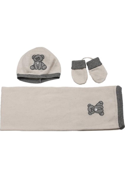 Ekru Polar Ayıcıklı Unisex Bebek Bere & Atkı & Eldiven 3'lü Set