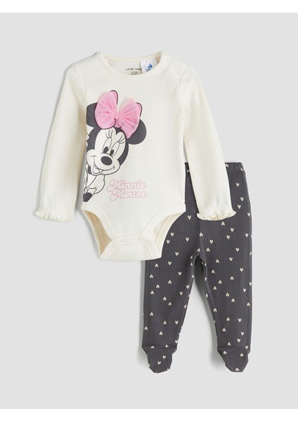 Yeni Sezon Minnie Mouse Baskılı Kız Bebek Çıtçıtlı Body ve Pantolon