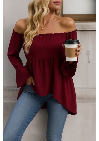 Kadın Uzun Kollu Madonna Yaka Asimetrik Detaylı Kolları Ispanyol Viskon Bluz