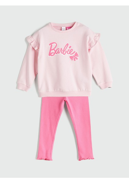 Yeni Sezon Bisiklet Yaka Barbie Baskılı Kız Bebek Sweatshirt ve Tayt 2'li Takım