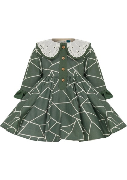 Bollarine Yeşil Dantel Yaka Yarım Düğme Uzun Kollu Kız Çocuk Elbise