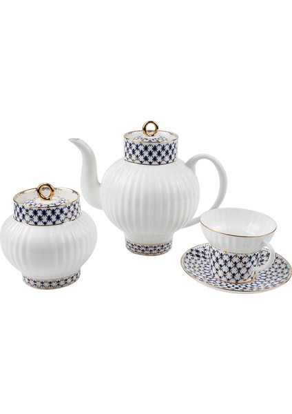 Wave Cobalt Net Mavi Porselen 6 Kişilik 14 Parça Çay Seti