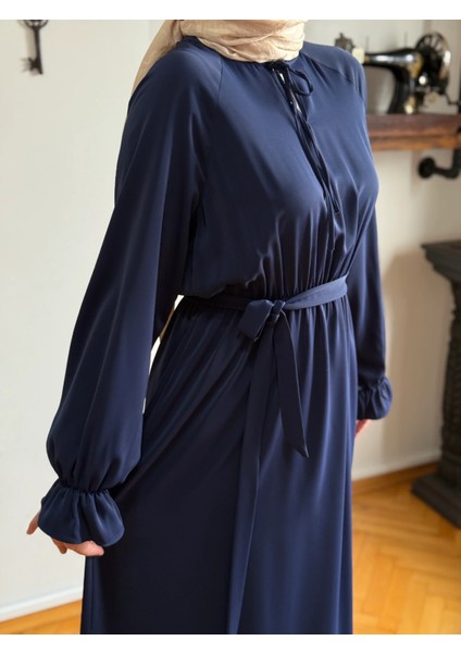 Lacivert Reglan Kol Bel Lastikli Elbise 5077